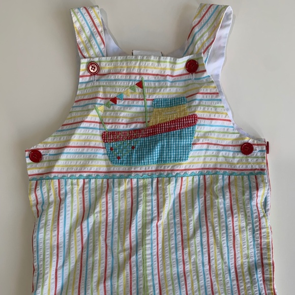 Boy's Shrimp and Grits Seersucker Striped Short Jonjon/Overalls 18M - Picture 1 of 4